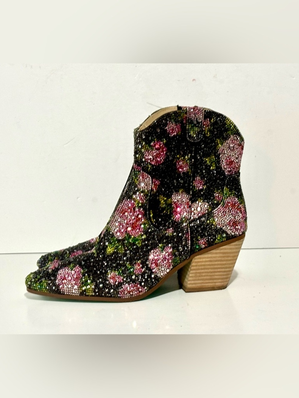 Betsey Johnson SB-DIVAF Boots Women 8.5 Black Floral Rhinestone Western Ankle - Picture 5 of 10